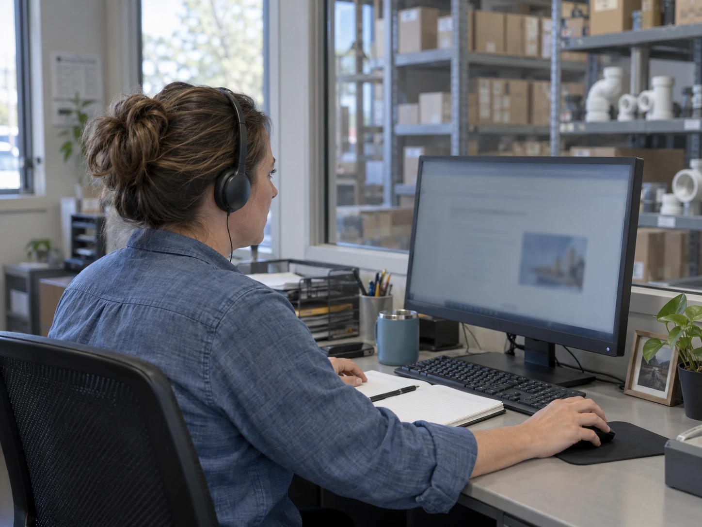 Illustrative distributor employee taking online training at a desktop workstation.