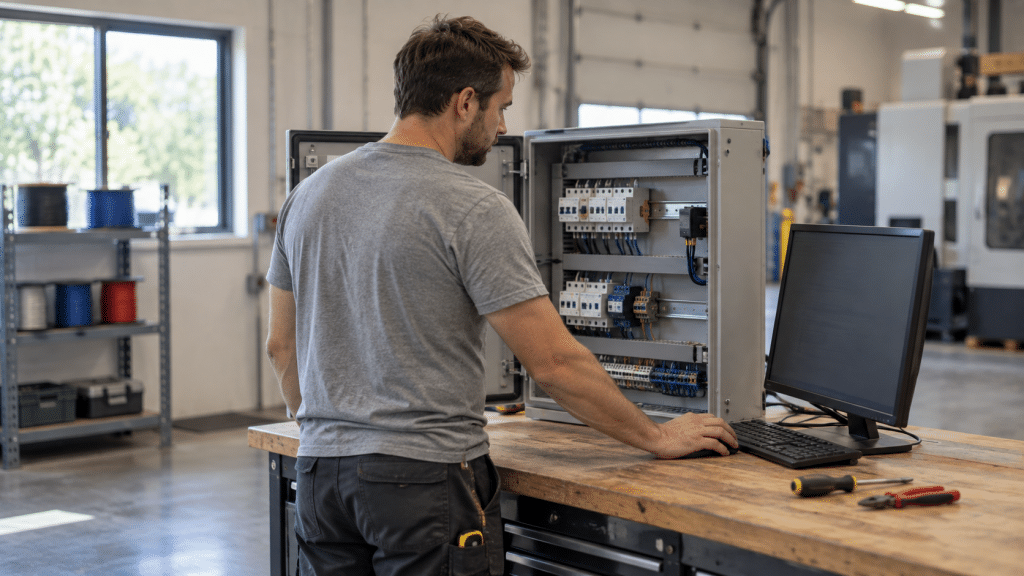 A technician at a local control-panel shop checks a half-wired industrial control panel against his PC.