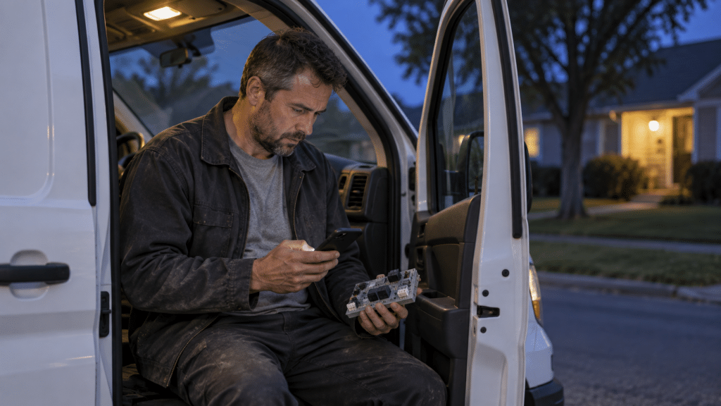 An HVAC service technician sits in the open door of his work van at dusk, looking up a replacement part on his phone.