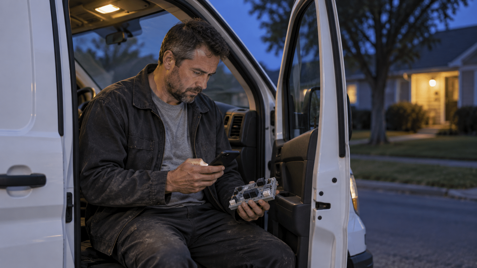 An HVAC service technician sits in the open door of his work van at dusk, looking up a replacement part on his phone.