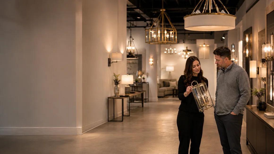 Showroom consultant reviewing lighting selections with a customer